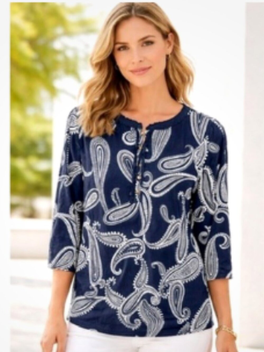 Talbots Blue & White Paisley Henley Cotton-Modal 3/4 Sleeve Top Sz M #279L